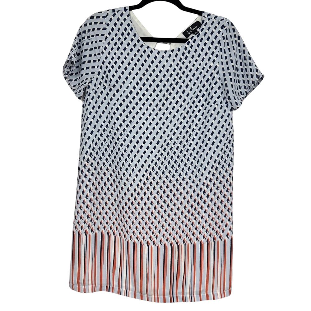 Lulus Blue White Orange Geometric Print Shift Dress Womens S Mini Short Sleeve